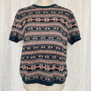 Ralph Lauren Women's Knit Top Large Crochet Short Sleeve Shirt Cottagecore Blue